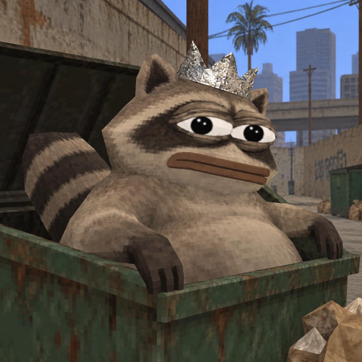 Pepe-eyed raccoon wearing a foil crown, reigning from a green dumpster in a city alley